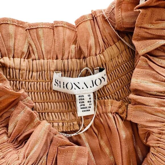 Shona Joy Crop Top Off Shoulder Size 8 Ruffle Smocked Tan Gold Stripe - Picture 2 of 5
